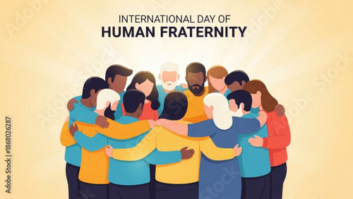 Diverse group of people in a circle hugging each other on international day of human fraternity with a warm beige background with group hug and unity