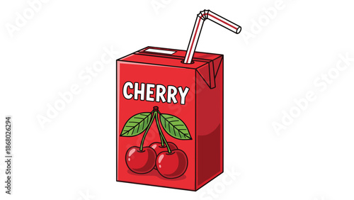 A red carton of cherry juice with two cherries and leaves depicted, featuring a straw and the word 'CHERRY' prominently displayed.