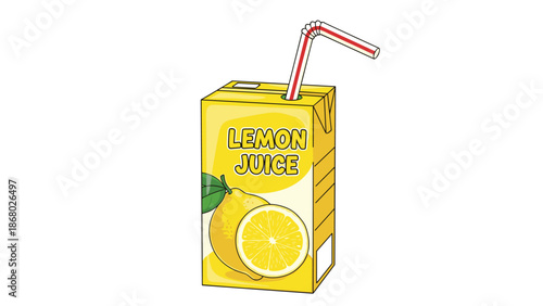 A yellow carton of lemon juice, featuring a whole lemon, a lemon slice, and the words 'LEMON JUICE', with a straw for sipping.