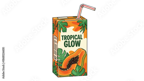 A vibrant carton of 'Tropical Glow' juice, featuring a half papaya, green leaves, and tropical motifs, with a straw for sipping.