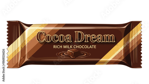 A single bar of 'Cocoa Dream' rich milk chocolate, wrapped in a glossy brown foil with diagonal stripes of brown, gold, and cream.
