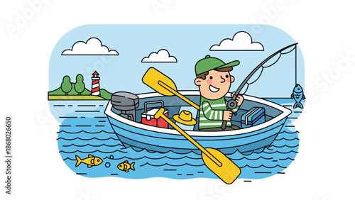 A man fishing from a small boat on a lake, with a fishing rod, cooler, oars, and a caught fish, under a bright sky with clouds.