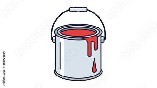 A silver paint can with a handle, filled with vibrant red paint that is dripping down the sides, illustrated in a clean, simple style.