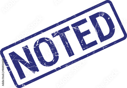 A distressed blue rectangular stamp displaying the word NOTED is tilted on a clean white surface