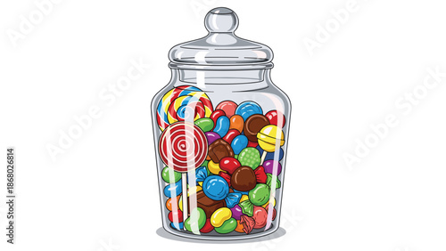 A clear glass jar filled with a colorful assortment of candies, including lollipops, jelly beans, and chocolates.