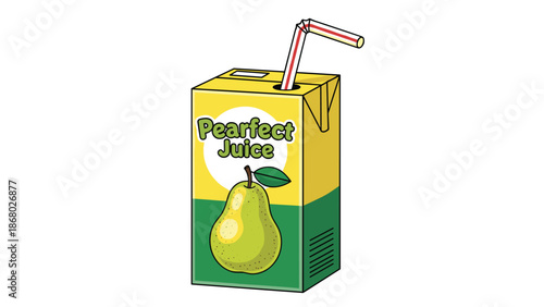 A yellow juice box with a straw, labeled "Pearfect Juice" featuring a pear illustration, set against a white background.