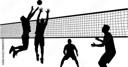 Volleyball players silhouette in action at the net jumping to block and spike the ball for sports competition and athletic team design