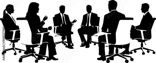 Black and white silhouette of professional business people sitting in a circle during a corporate meeting or seminar discussion