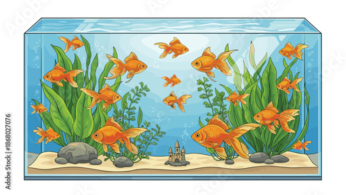 A detailed aquarium filled with numerous goldfish, green aquatic plants, rocks, and a small castle on the sandy bottom.
