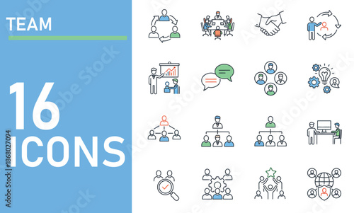 Corporate Team and Business Collaboration Icons Set Showing Teamwork, Leadership and Hierarchy