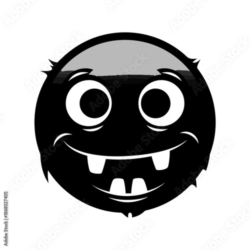 A cute and spooky cartoon monster character with big white eyes and a wide grin showing off its buck teeth and a bald head with a gray patch on top