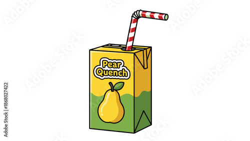 A yellow juice box with a straw, labeled "Pear Quench" and featuring a pear illustration, on a white background.