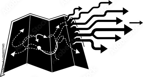 Abstract black and white graphic illustration of a folded map with numerous white dotted paths and arrows representing complex routes and multiple diverging outgoing