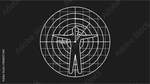 Abstract outline of a human figure with arms outstretched standing within concentric circles and grid lines on a dark background representing a radar screen or sonar