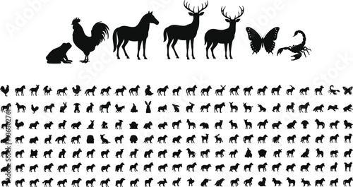 Animal Silhouette Vector Mega Set, Farm Wild Forest Creature Icons Collection Including Mammals Birds Insects Reptiles for Design Projects