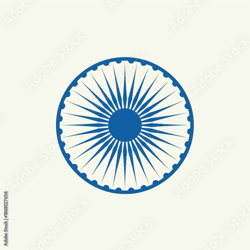 Indian ashoka chakra symbol of dharma chakra representing law and justice in blue and white isolated on a plain background graphic illustration