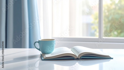 Morning scene with a blue coffee mug and an open book resting on a glossy white desk by a sunlit window with soft curtains space to text. copy text.