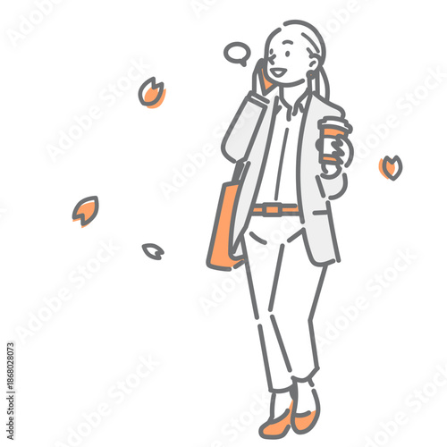 さわやかな気持ちで出勤する笑顔の女性　シンプルでお洒落な線画イラスト