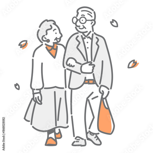 春のお散歩を楽しむシニア夫婦  シンプルでお洒落な線画イラスト