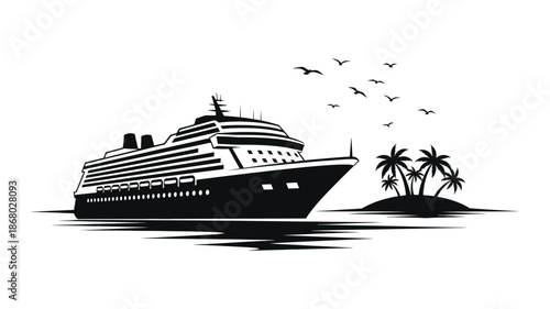 A cruise ship sailing towards a tropical island a striking silhouette