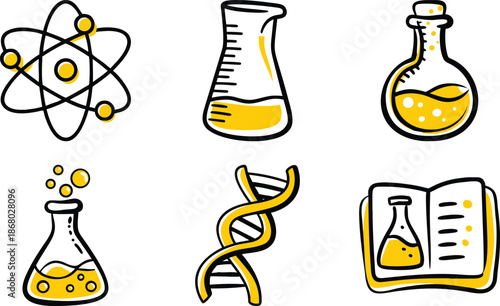  Cute Hand-Drawn Yellow Science & Chemistry Icon Set: Atom Orbit, Erlenmeyer Flask, Bubbling Potion Bottle, Boiling Flask, DNA Helix, Lab Notebook Doodle Illustrations PNG Transparent Background