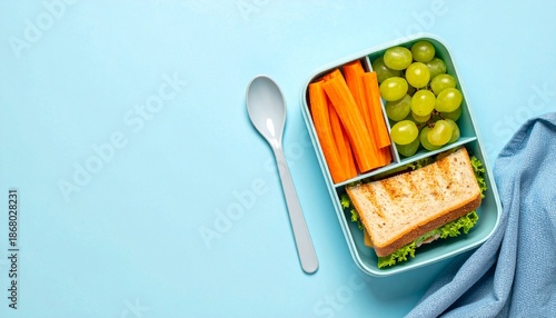 Top down flat lay of a fresh healthy lunch box filled with sandwich carrot sticks and sweet green grapes on a vibrant light blue background with copy space space to text. copy text.