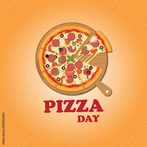 Whole pizza vector with lifted slice, toppings, and bold red PIZZA DAY text on orange background