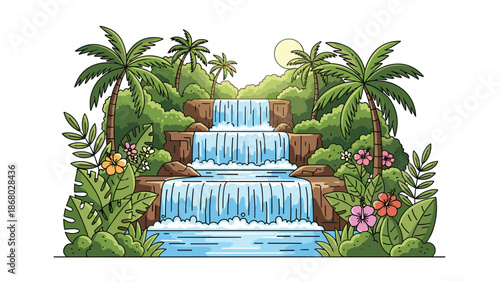 A serene tropical landscape featuring a multi-tiered waterfall cascading into a clear pool, surrounded by lush greenery, palm trees, and flowers.