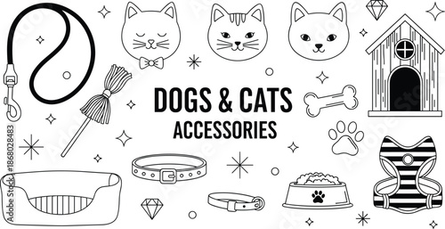 Dogs and Cats Accessories Vector Set, Pet Care Outline Icons Collection with Leash Collar Bed Bowl Harness Toys for Animal Design