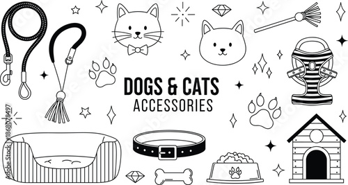 Dogs and Cats Accessories Vector Set, Pet Care Supplies Icons Collection with Leash Collar Bed Bowl Harness Toys for Animal Design