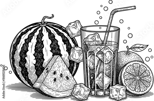 Black and white vector engraving of iced watermelon and orange juice glass with fruit slices, ice cubes, and bubbles.