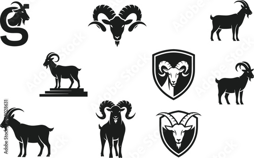 Goat Silhouette Vector Collection, Ram Head Logos and Emblems Set, Farm Animal Icons in Black Style for Branding, Labels, and Graphic Design
