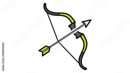A stylized illustration of a recurve bow and arrow, with yellow and black accents, on a white background.