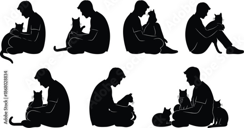 Man and Cat Silhouette Collection, Human Bonding with Pet Cat in Sitting Poses, Emotional Companion Animal Vector Illustration Set