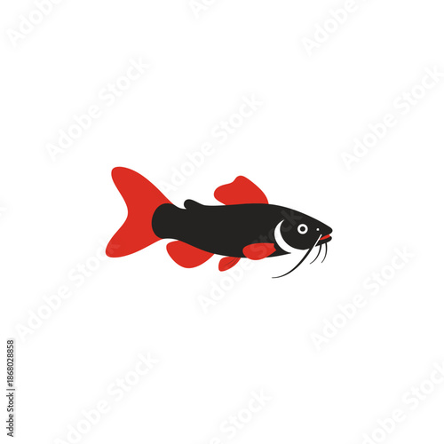 Illustration of a black and red fish with fins and tail.