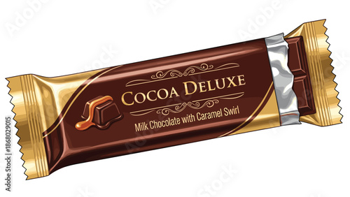 A chocolate bar labeled "Cocoa Deluxe" with "Milk Chocolate with Caramel Swirl", wrapped in gold and brown foil, with a bite taken out.