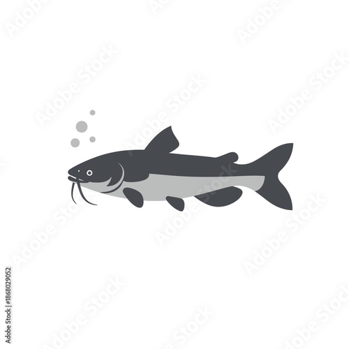 Catfish illustration in grayscale with whiskers and bubbles in water.