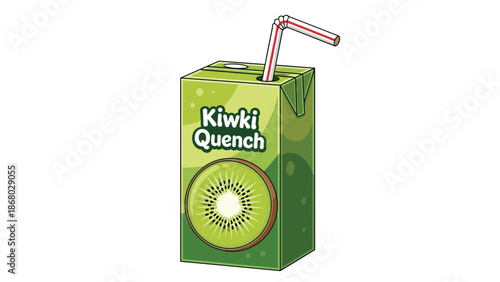 A green juice box with a straw, labeled "Kiwiki Quench" and featuring a sliced kiwi illustration, on a white background.