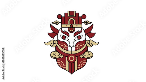 A vibrant illustration of a Chinese New Year mascot, featuring a white face with red and gold accents on a red shield with a luxurious design against a clean white background.