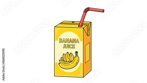 A yellow juice box with a straw, featuring a bunch of bananas and the text "BANANA JUICE", on a white background.