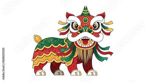 A colorful Chinese lion dance mascot with intricate red, green, and gold details, symbolizing good fortune and prosperity during Chinese New Year, set against a clean white background with