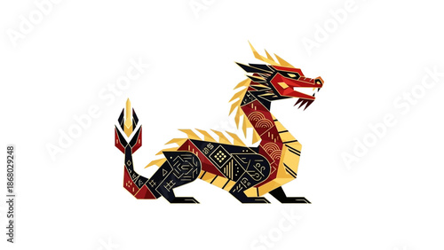 A vibrant Chinese dragon mascot with red, gold, and black scales against a clean white background, symbolizing luxury and festive spirit for Chinese New Year.