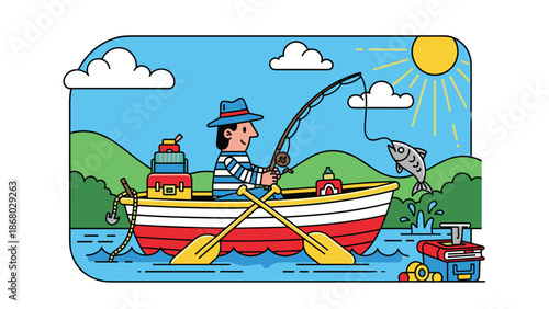 A man in a striped shirt and hat fishes from a red and white boat on a lake, with luggage, tackle boxes, and a catch splashing in the water.