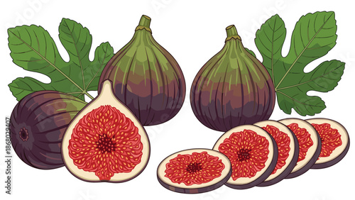 Whole and sliced figs with green leaves, showcasing the deep purple skin and vibrant red interior with seeds.