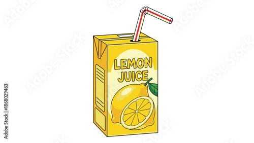A carton of lemon juice with a straw, featuring a yellow lemon and green leaves.