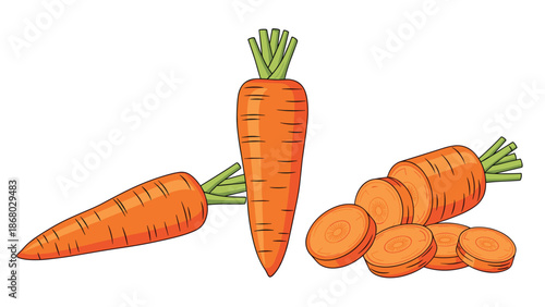 Whole and sliced carrots with green tops, showing the vibrant orange color and texture of the root vegetable.