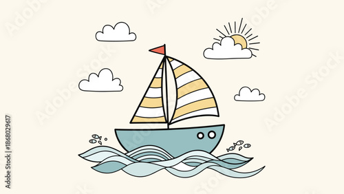 A sailboat with a striped sail on blue wavy water under a sunny sky with clouds.