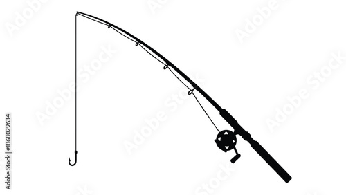 A black silhouette of a fishing rod with a reel and hook, ready for casting.