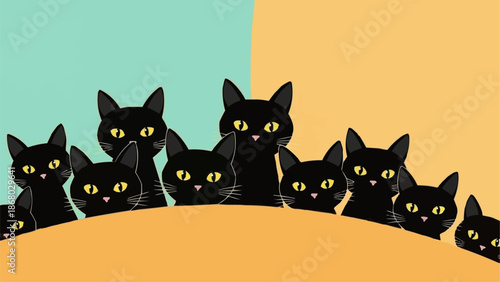 Group of black cats with yellow eyes peeking over a curve.