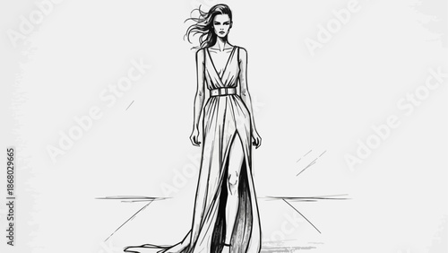 Fashion illustration of a woman in a long flowing dress.